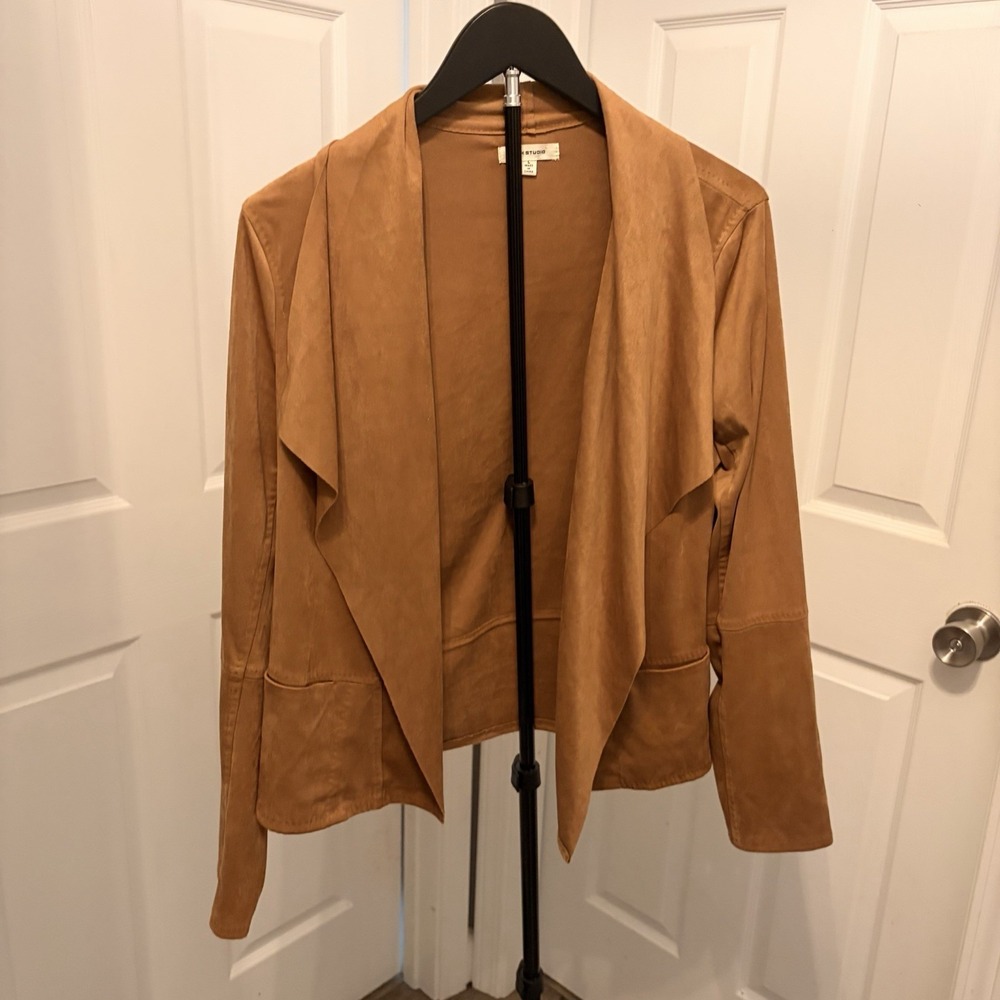 Max Studio Faux Suede Open Front Draped Lightweight Jacket Soft Brush Finish EUC